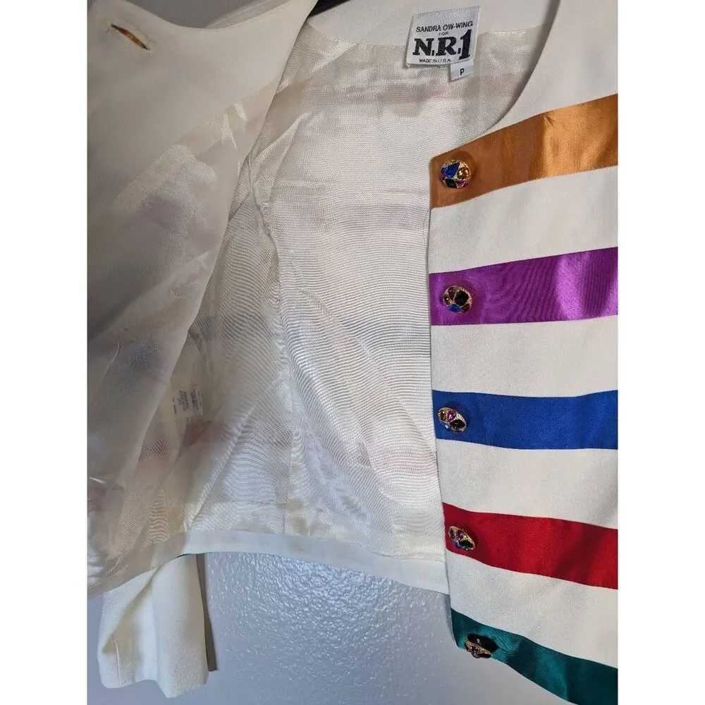Vintage 90s Sandra OW-Wing NR1 multicolor stripe rhinestone crop jacket blazer - Picture 8 of 9
